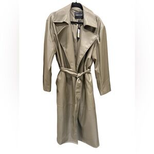 NWT Kenneth Cole Faux Leather Trench Coat Belted Long Jacket Olive Green M